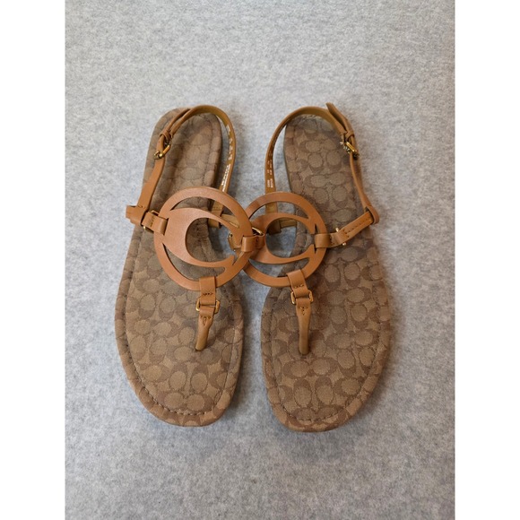 Coach Sandals Size 9.5 Signature T Strap Thong Tan Brown Flat Shoes C Logo - Picture 1 of 4